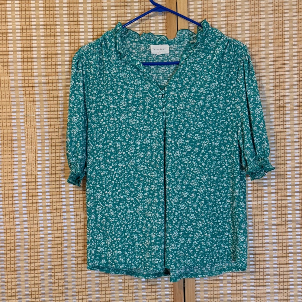 Melloday Womens Green Floral Ruffle Neck Puff Sleeve Blouse Top M Boho Office